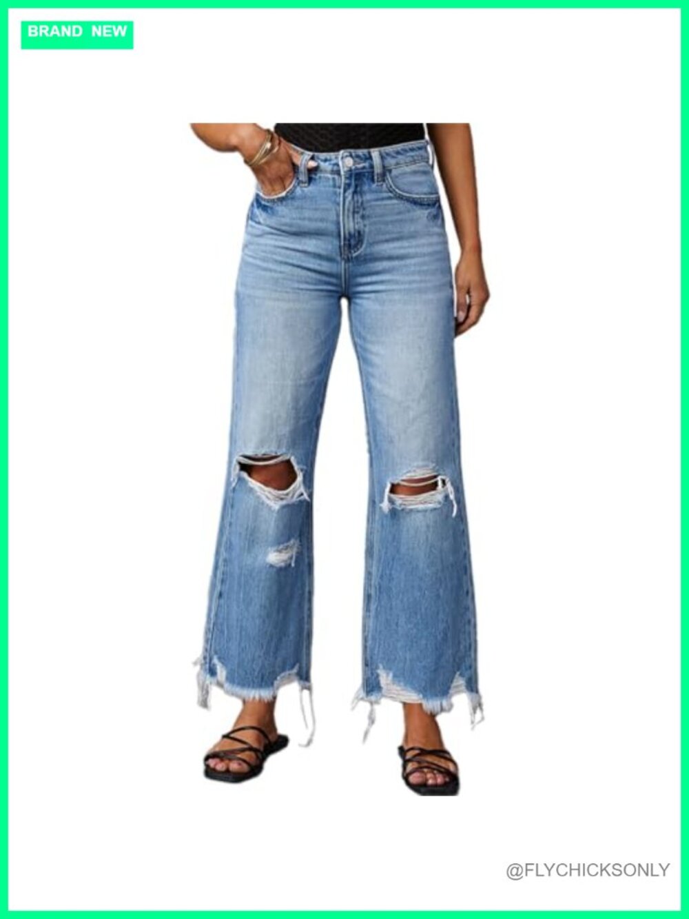 Ripped Bell Bottom Jeans High-Rise Distressed Raw Edge Hem Wide Leg Denim Pants